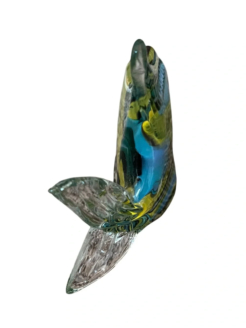 Schroders Hand Blown Art Glass Multicolor Blue Fish Paperweight Decor 6” Signed